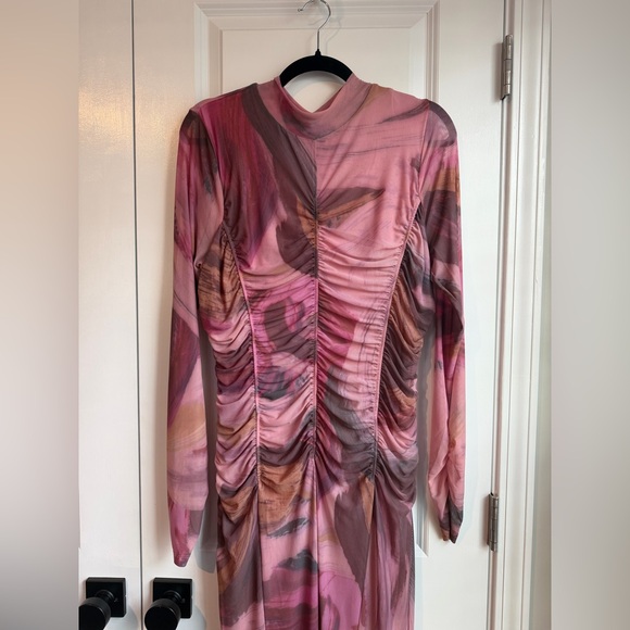 By Anthropologie Long-Sleeve Printed Mesh Midi Dress Pink Size XL - Picture 2 of 9